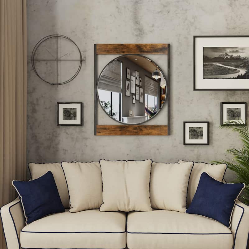 Industrial Metal Wood Frame Wall Mirror