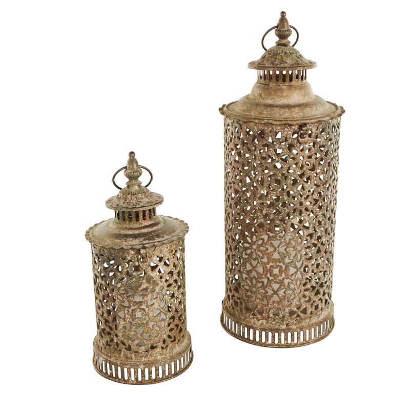 Brown Metal Distressed Vintage Inspired Ornate Scroll Candle Lantern (Set of 2)