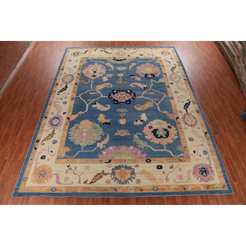 Hand Knotted Oriental 100% Wool Carpet Transitional All-Over Navy Blue & Blues Oushak Area Rug - 15' 7'' X 12' 3''