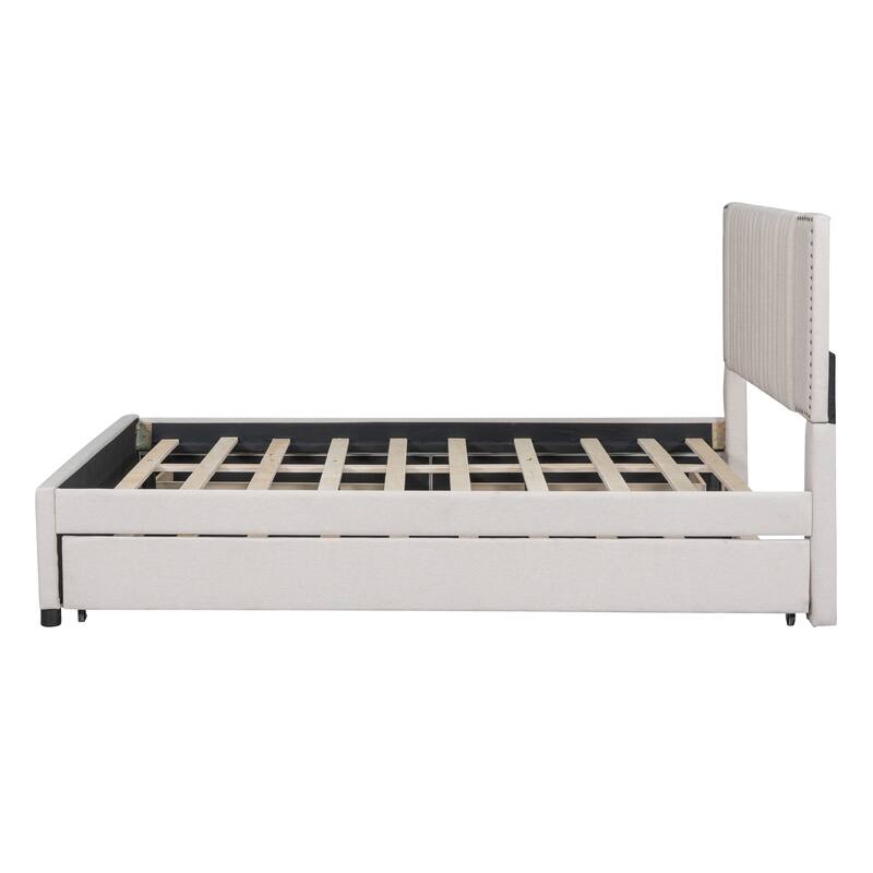 Nordic Creative Queen Size Upholstered Platform Bed with Comfy Soft Headboard Design & 2 Drawers and 1 Twin XL Trundle Bed