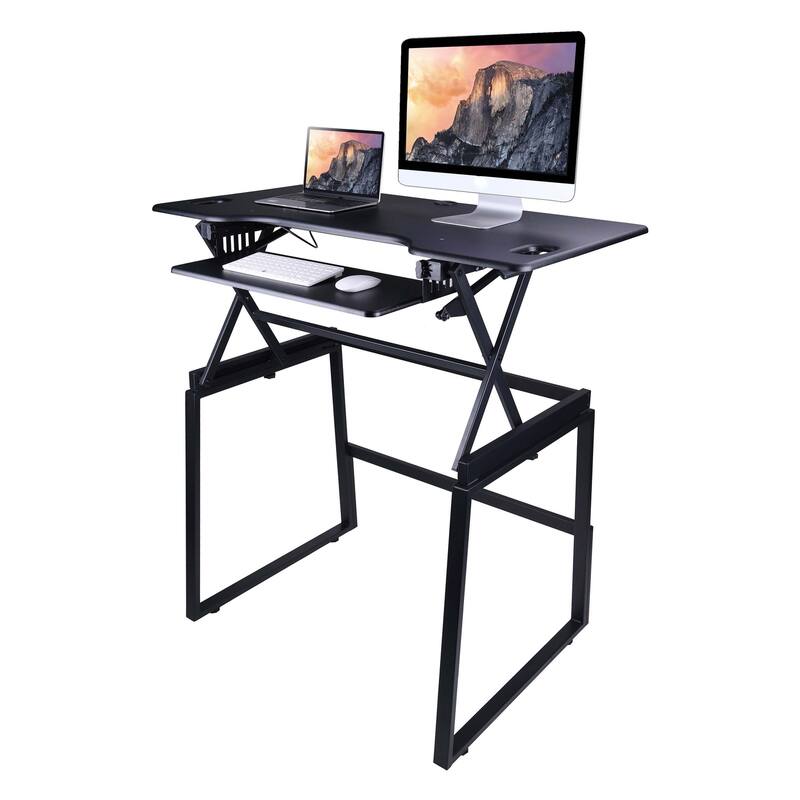 Rocelco 46 in. W Black Height Adjustable Standing Desk Dual Monitor Riser with Gas Spring Assist and Keyboard Tray