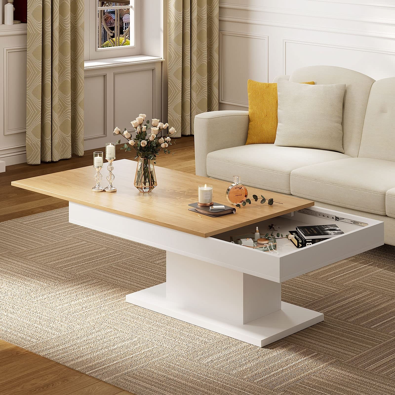Wooden Coffee Table with Hidden Storage Shelf for Living Room,Pull