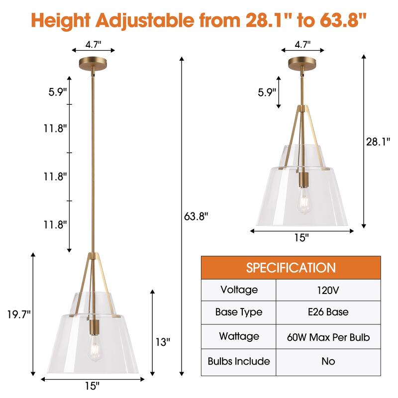 15" Contemporary Brass Tapered Glass Kitchen Island Pendant Light Adjustable Hanging Chandelier