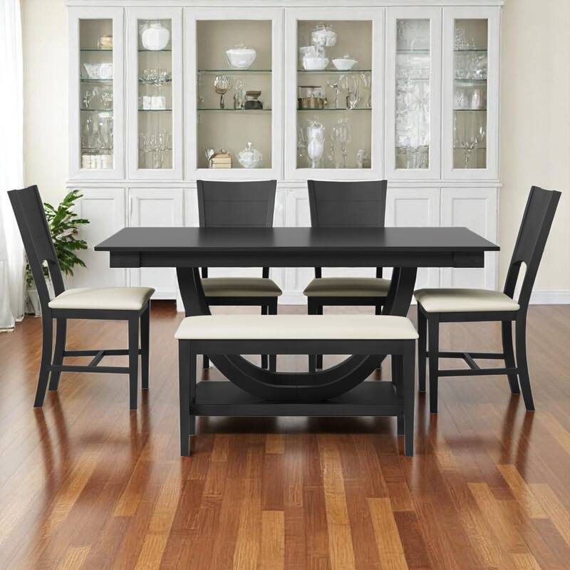 6-Piece Modern Dining Table Set with Bench and 4 Upholstered Chairs, Solid Wood Half-Round Base Kitchen Dining Room Furniture