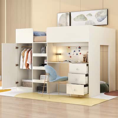 Full Size Loft Bed with Built-in Wardrobe, Desk, Storage Shelves, and Drawers, Space-Saving Wood Design, No Box Spring Required