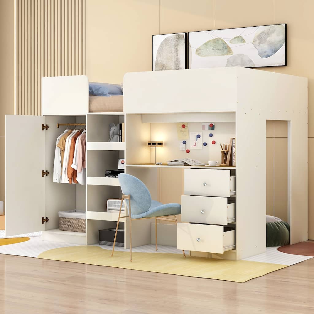 Full Size Loft Bed with Wardrobe, Desk, Shelves, and Drawers in Beige