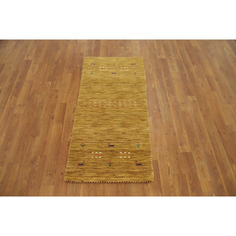 Hand Knotted Oriental 100% Wool Carpet Tribal Animal Pictorial Yellow & Gold Gabbeh Area Rug - 4' 0'' X 1' 10''