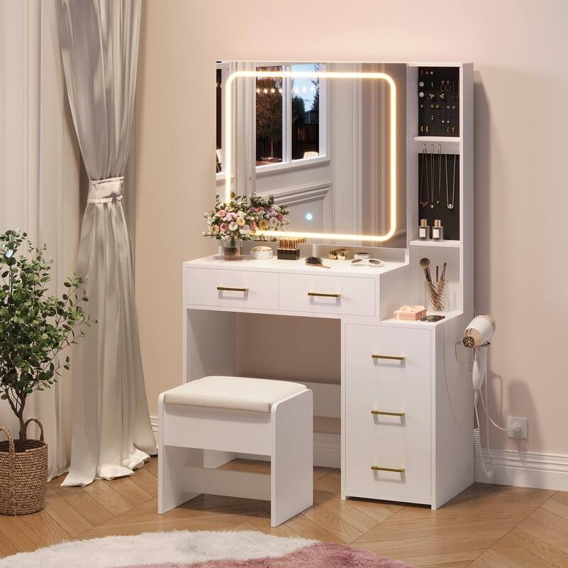Makeup Vanity Table with Mirror, 5 Drawers, Stool, Charging Station, Hair Dryer Holder