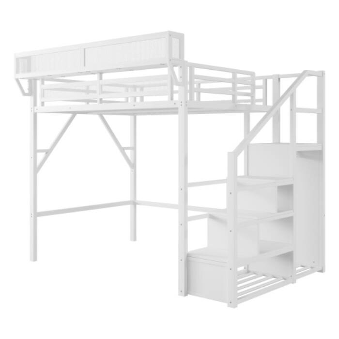 Full Loft Bed with Stairs, Metal High Loft Bed with Storage Shelves & Wardrobe for Kids Teens