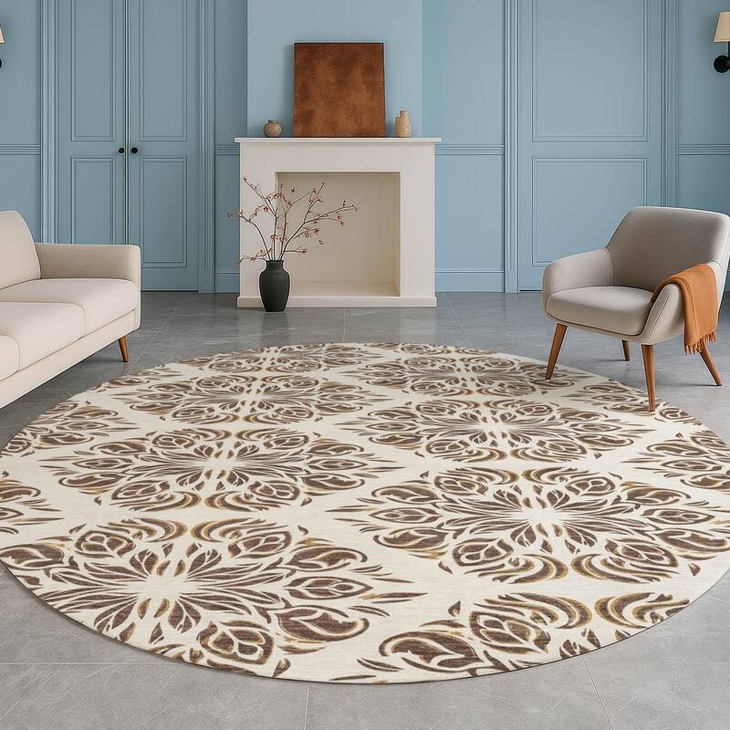 Machine Washable Indoor/ Outdoor Damask Pearl Chantille Rug