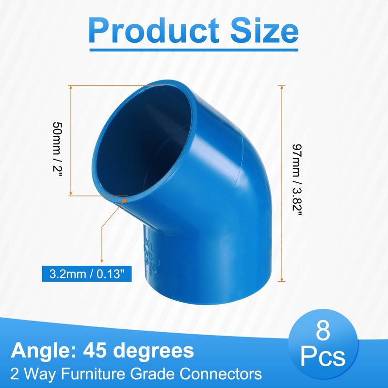 8pcs 45 Degree Elbow Pipe Fittings 2" 2 Way Furniture Grade Connectors - Blue