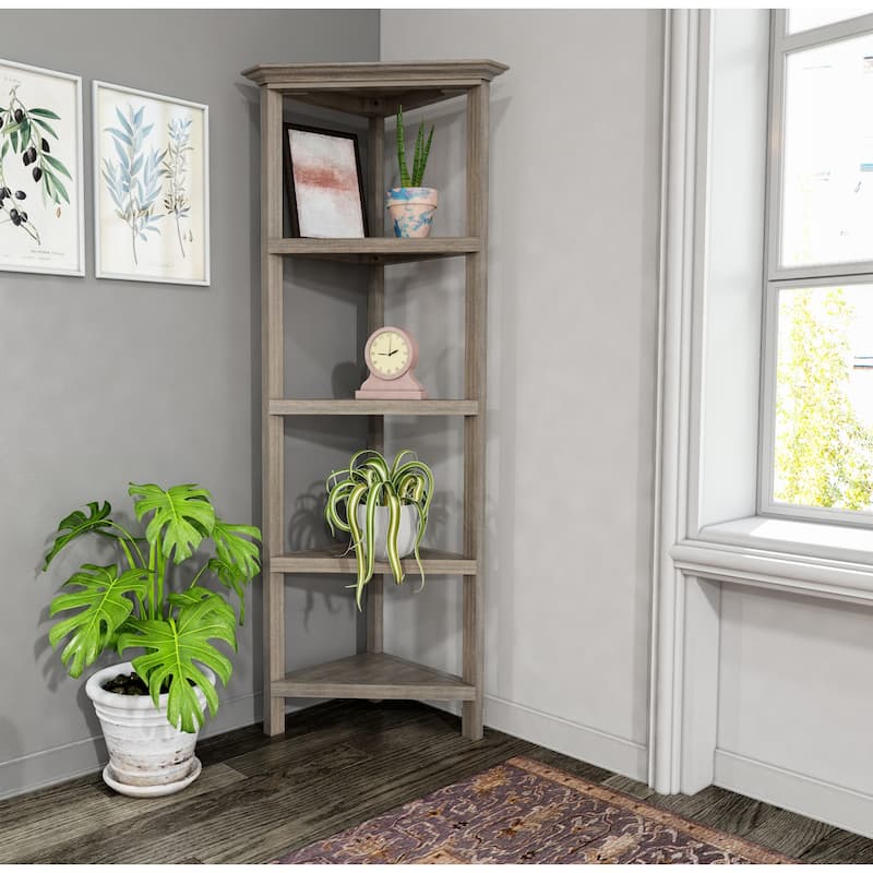 Edenton Tall Wood Corner Bookcase with 4 Shelves, Washed Grey
