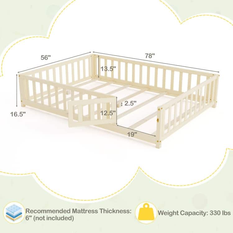Montessori Floor Bed Frame with Full-length Guardrails Safety Door and Plywood Slats