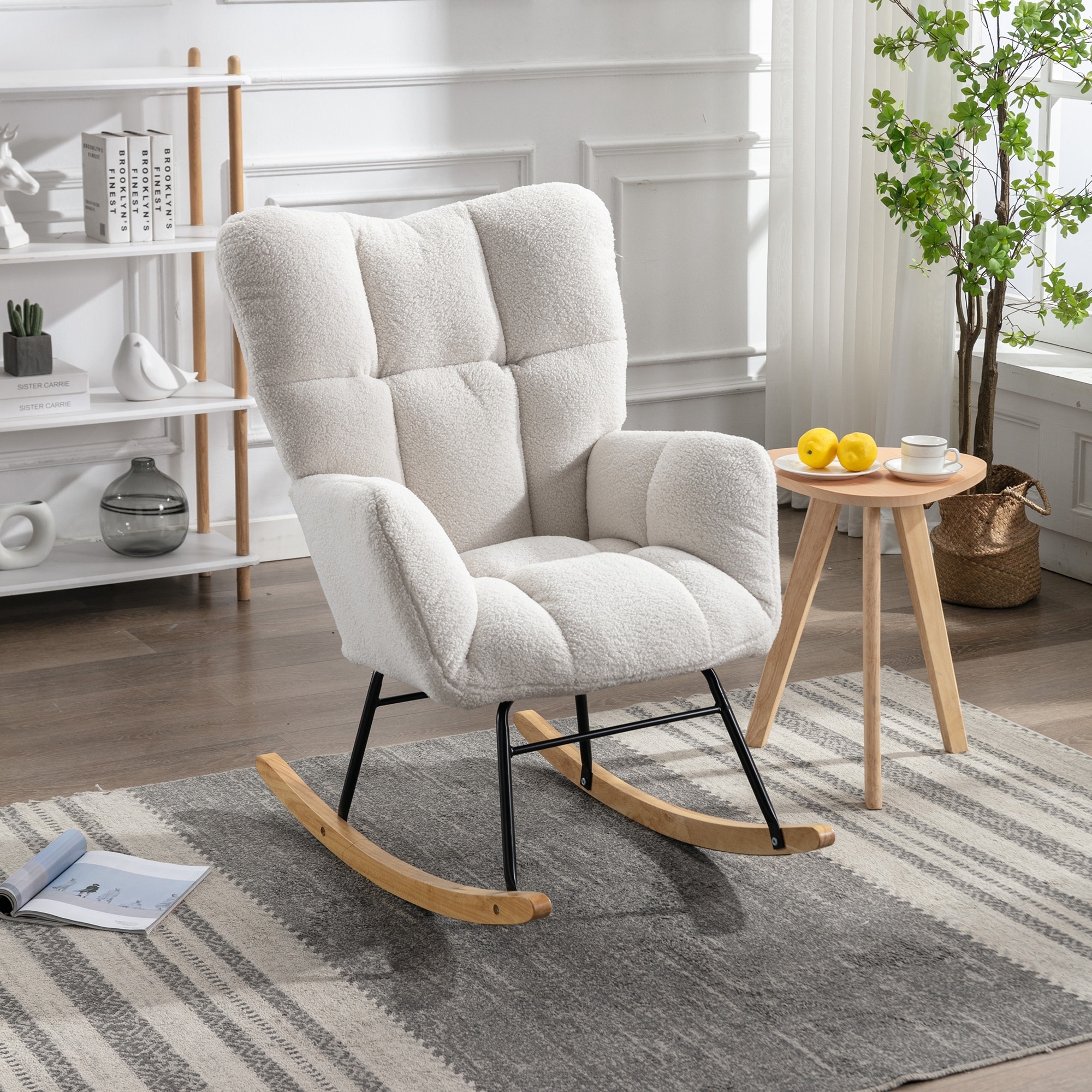 Modern Ivory Teddy fabric Tufted Upholstered Rocking Chair On