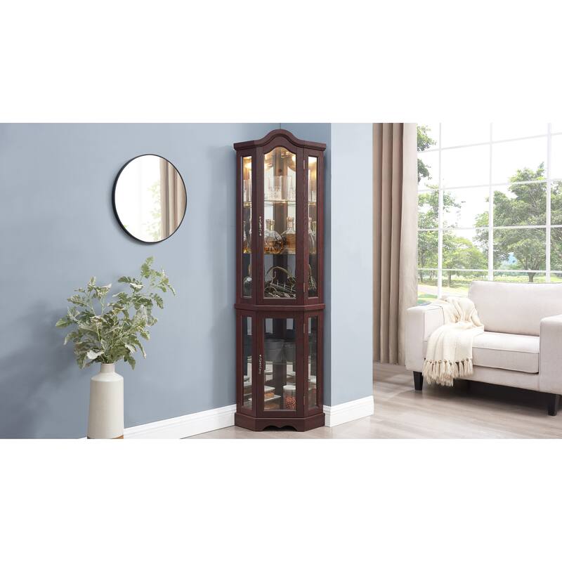 GDFStudio - Storage Corner Curio Cabinet with Lighted Glass Shelves