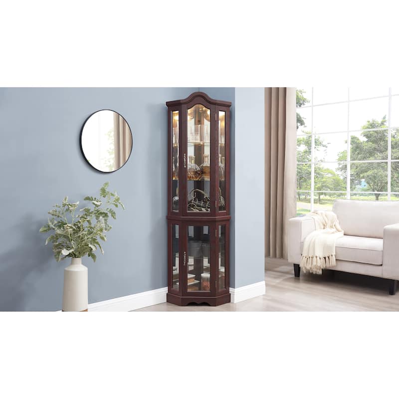 Lighted Glass Display Curio Cabinet, Curved Wood Corner Cabinet, China Cabinet with Tempered Glass Doors & Shelves