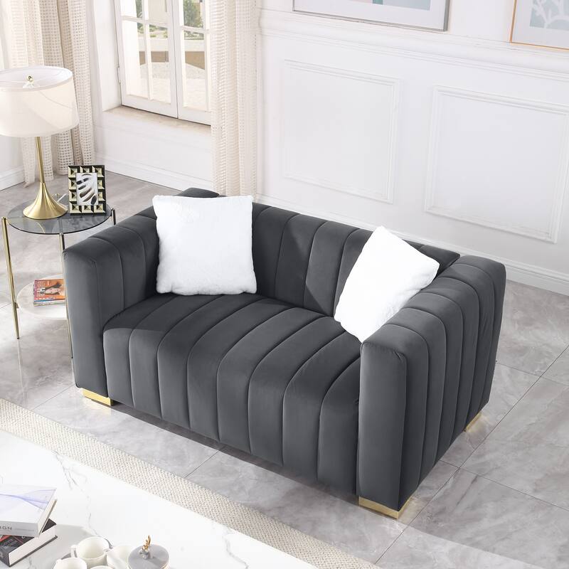 Grey Velvet Loveseater Channel Sofa with Plush Foam Cushions