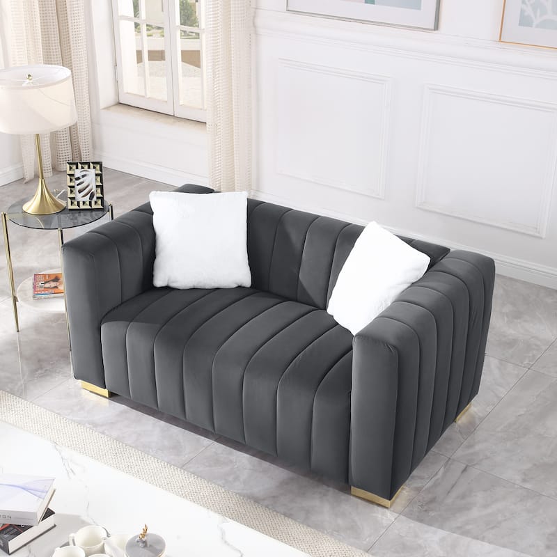 Velvet Loveseat Sofa Vertical Stripe Channel Couch with Pillows
