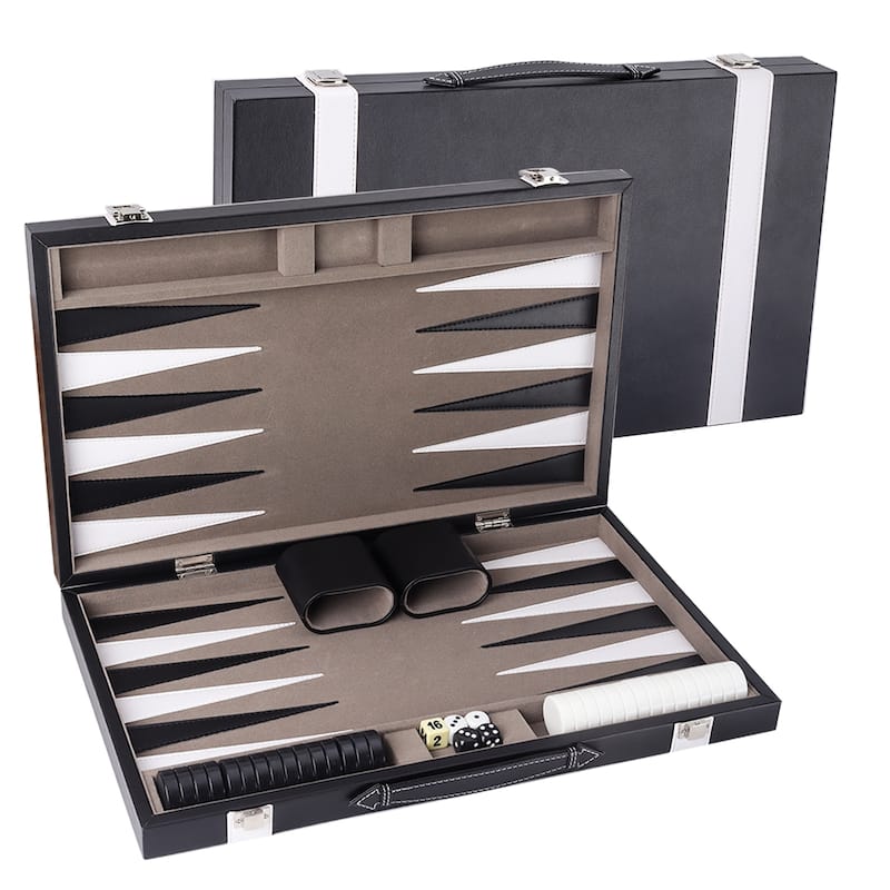 GSE™ 15" Leather Backgammon Board Game Set, Portable Folding Backgammon Board Game with Game Pieces - Medium - Grey