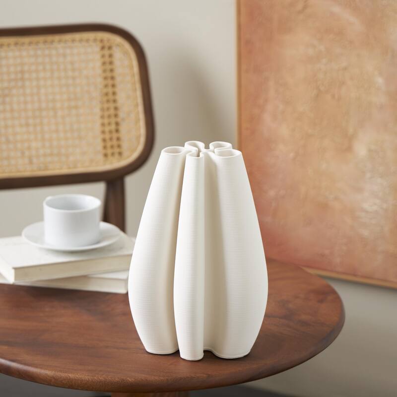 Ceramic Abstract Ribbed Dimensional Concaved Decorative Vase with Floral Shaped Rim - White - Roche River Decor