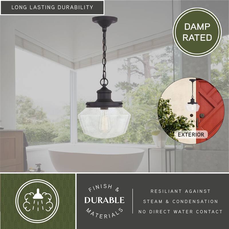 Collins 1 Light Black Farmhouse Outdoor Pendant Clear Schoolhouse Glass - 10-in. W x 11.5-in. H x 10-in. D