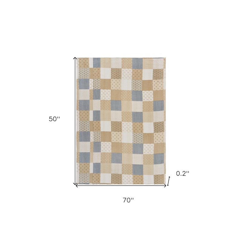 70" X 50" Beige Kantha Cotton Patchwork Throw Blanket with Embroidery
