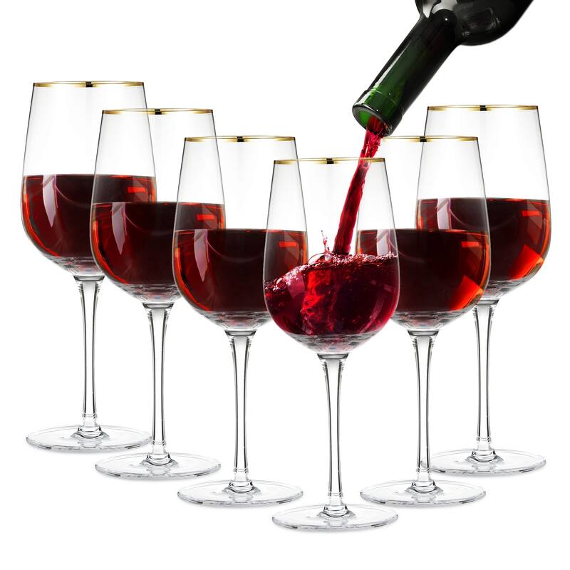 Berkware Luxurious and Elegant Long Stem Red Wine Glass with Gold Rim - Set of 6