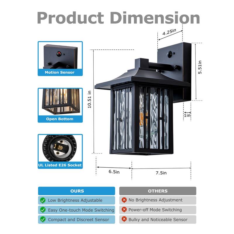 Motion Sensor Outdoor Wall Lantern with Water Glass Set of 2 - 2 Packs