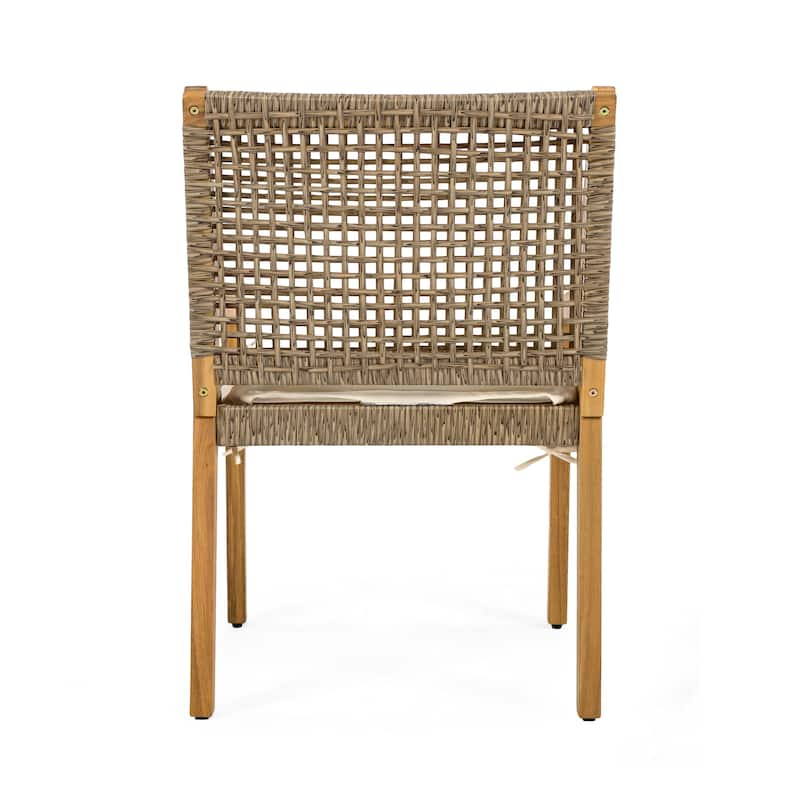 OUTDOOR DINING CHAIR -Acacia Wood & Wicker with Cream Cushion Patio Furniture-Teak finish & wicke Brown -MP2(set of 2)