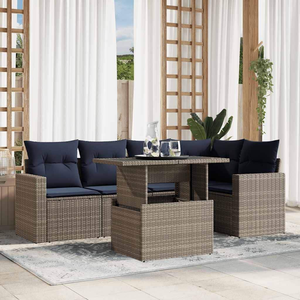 vidaXL 6 Piece Patio Sofa Set with Cushions Black/Brown/Gray Poly Rattan