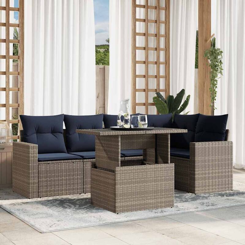 vidaXL 6 Piece Patio Sofa Set with Cushions Black/Brown/Gray Poly Rattan - Gray without storage