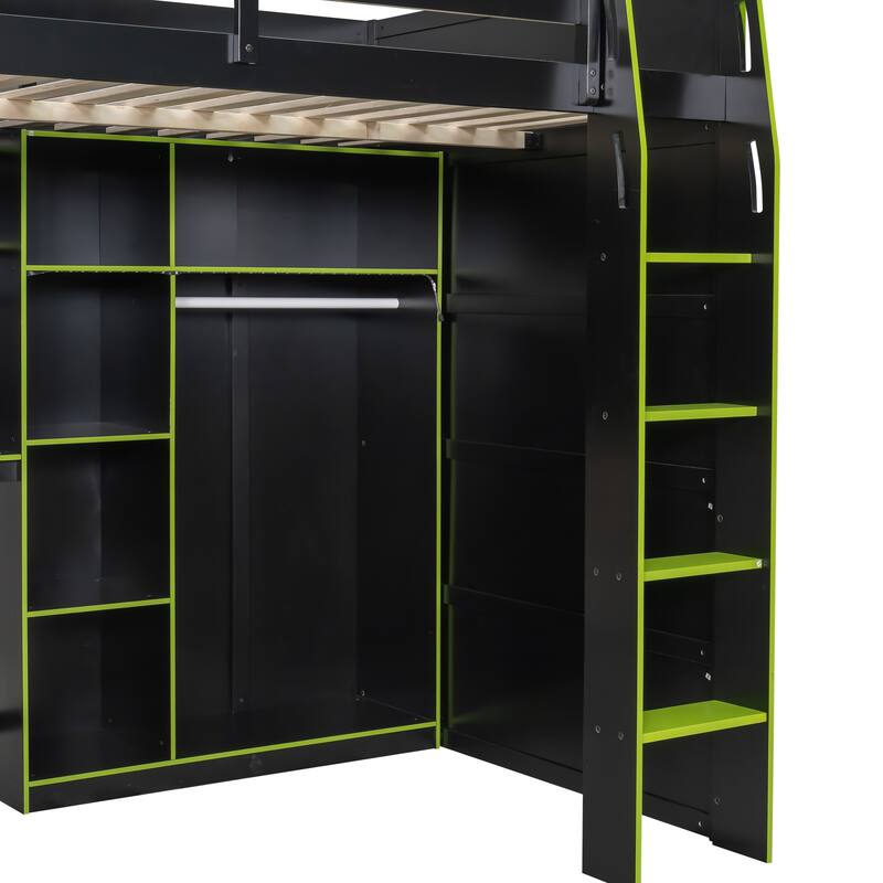 Full Size Wood Loft Bed with Desk, Open Wardrobe, Storage Compartments, and RGB Lights in Green