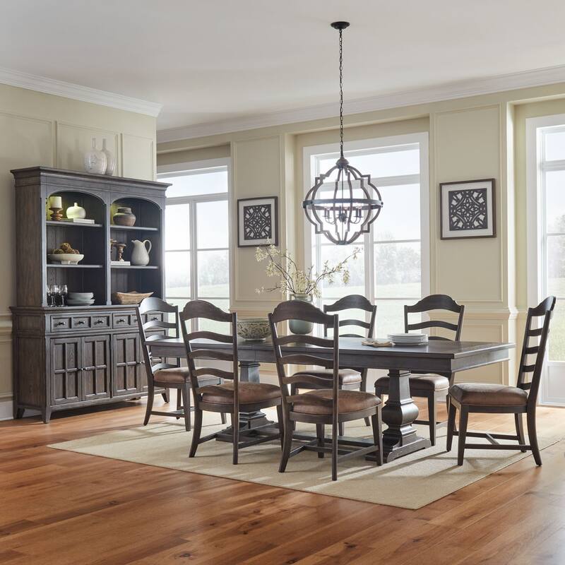 Paradise Valley Saddle Brown Trestle Table Set - 7-Piece Set - Ladderback Chairs