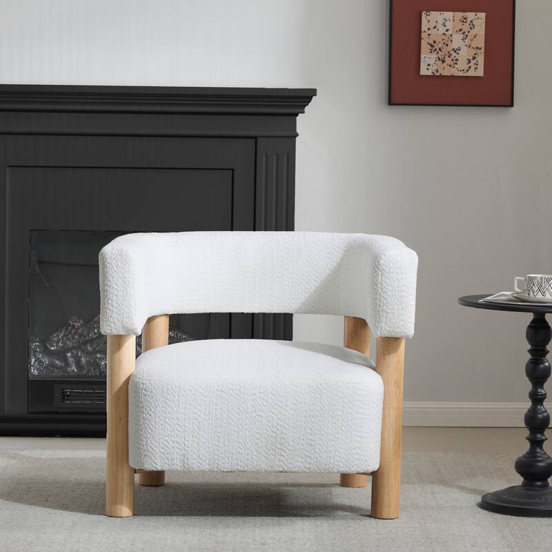 Roomfitters Boucle Upholstered Accent Arm Chair, Modern Lounge Barrel Seat, White+Natural - White+Natural