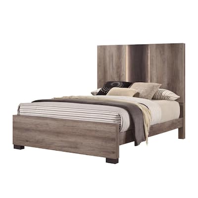 Contemporary Queen Panel LED Light Headboard Bed 1pc Brown Beige Gray Finish Wooden Bedroom Furniture