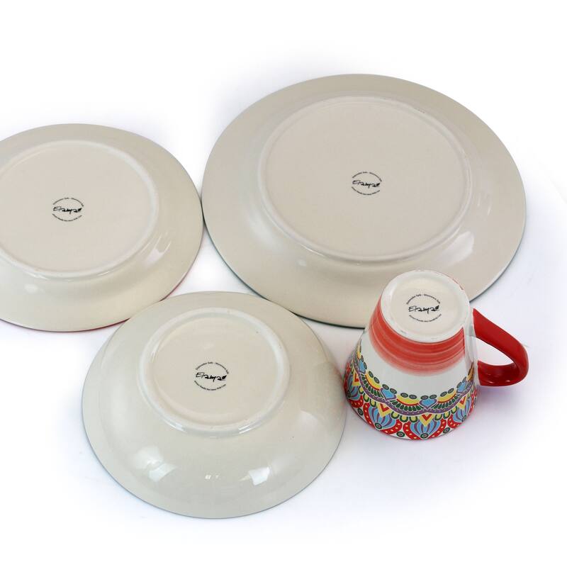 Intricate Floral Pattern Round Stoneware Dinnerware Set in Rose 16 Pieces