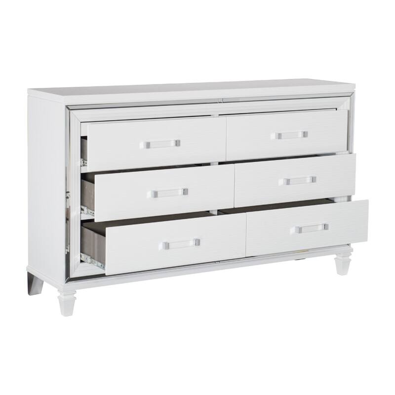 Textured Front 6 Drawer Dresser with Beveled Mirror Trim, White