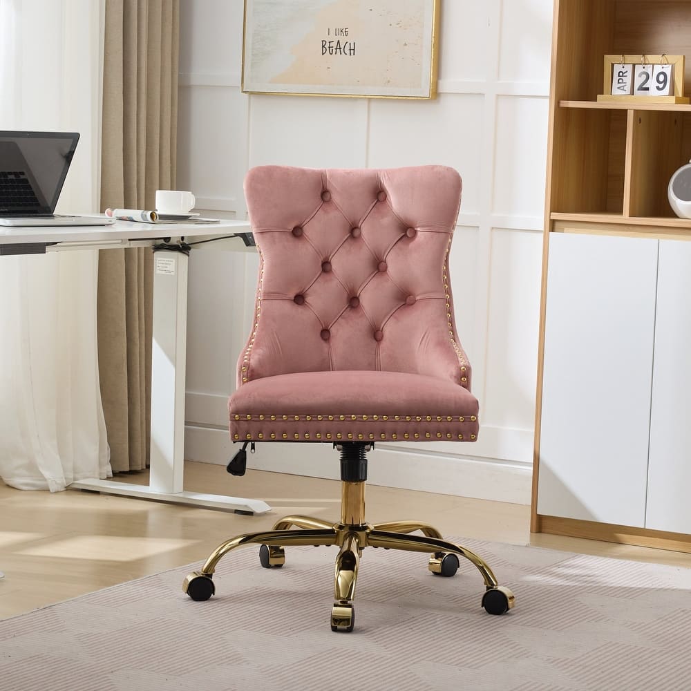 Roomfitters Velvet Tufted Office Chair, Adjustable Swivel Desk Chair with Gold Metal Base and Nailhead Trim