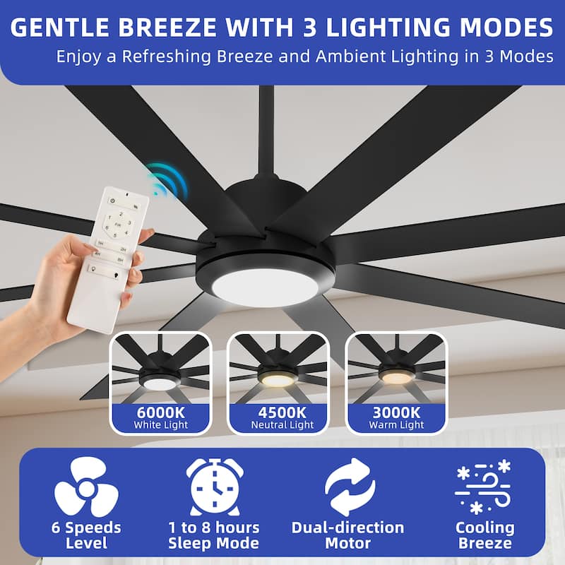84 Inch 8 Blade Ceiling Fan with Light Remote and Quiet DC Motor - 84 Inches