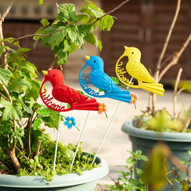 Glitzhome Set of 3 Metal Spring Garden Butterfly Birds Yard Stakes