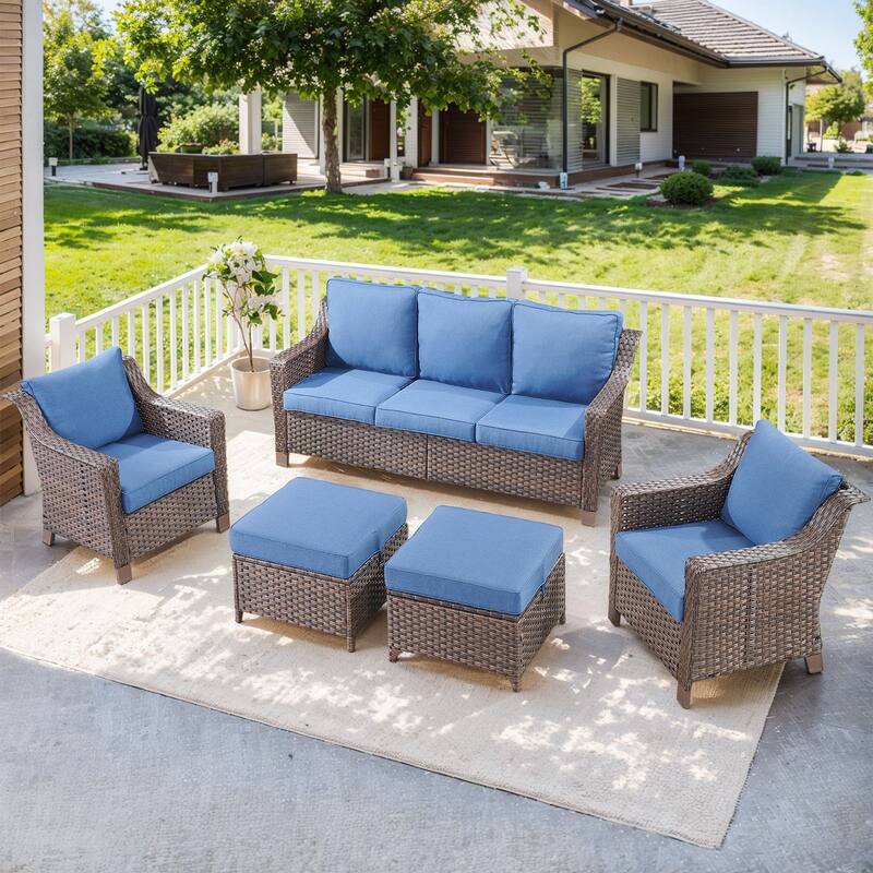 Outside Patio Sofa Chair with Cushions - Brwon Wicker Blue Cushion - 5PCS Sofa Patio Chair with Ottoman