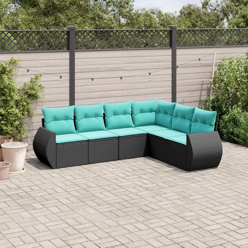 vidaXL 6 Piece Patio Sofa Set with Cushions Black Poly Rattan - 28 x 24.4 x 27.2-Without table