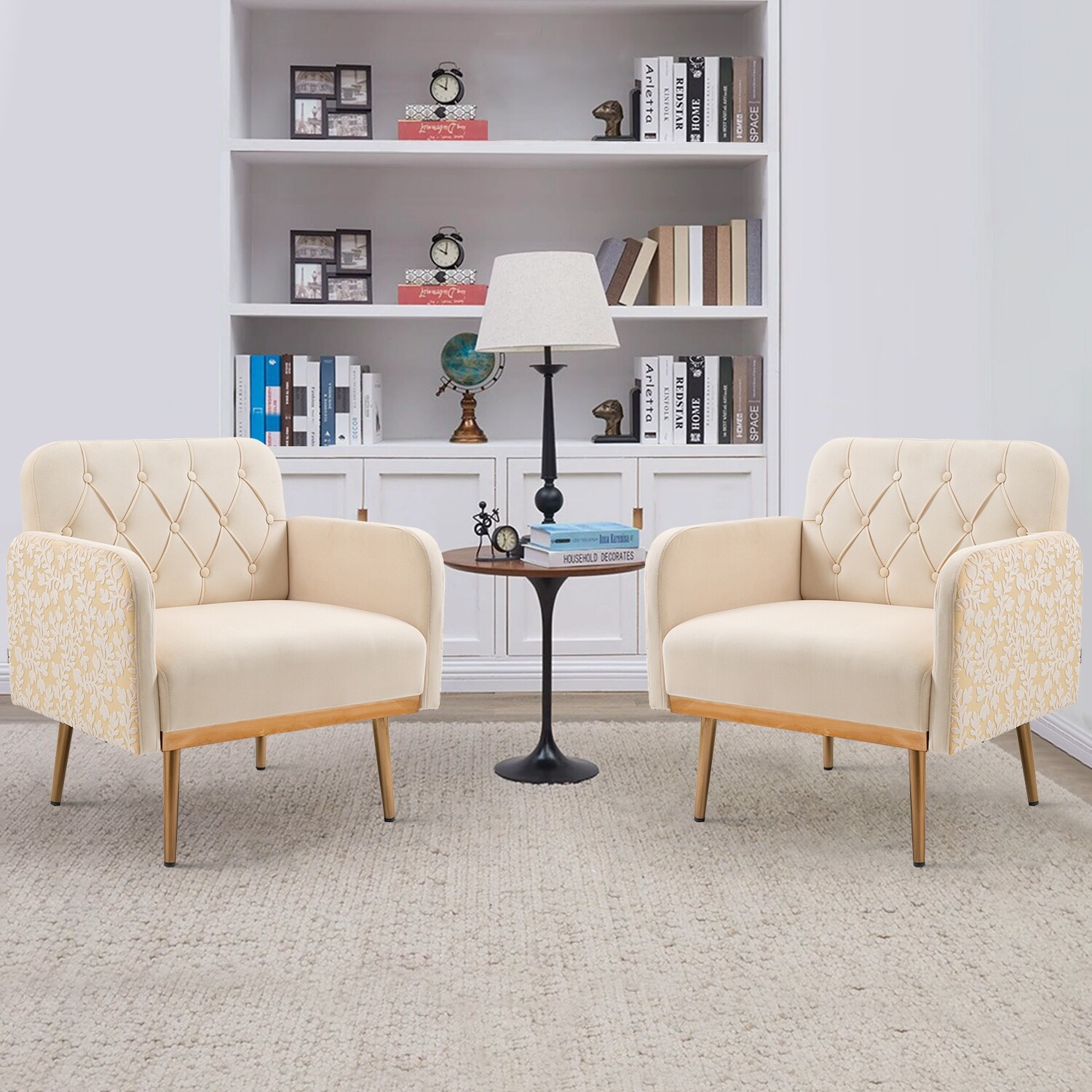 Velvet Upholstered Tufted Livng Room Chair With Golden feet(set of 2)