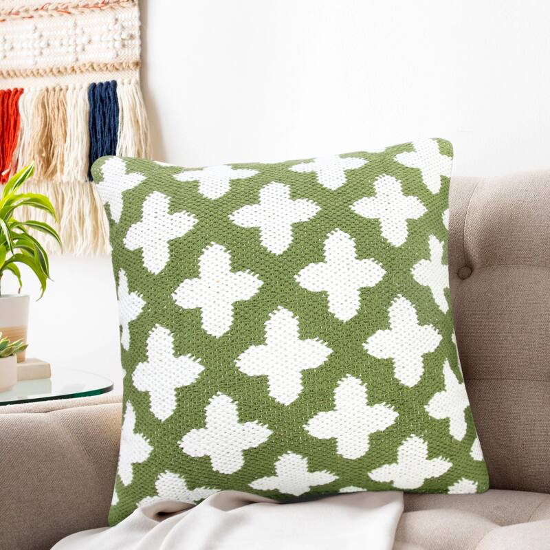 20" Green and White Swiss Cross Geometric Square Throw Pillow