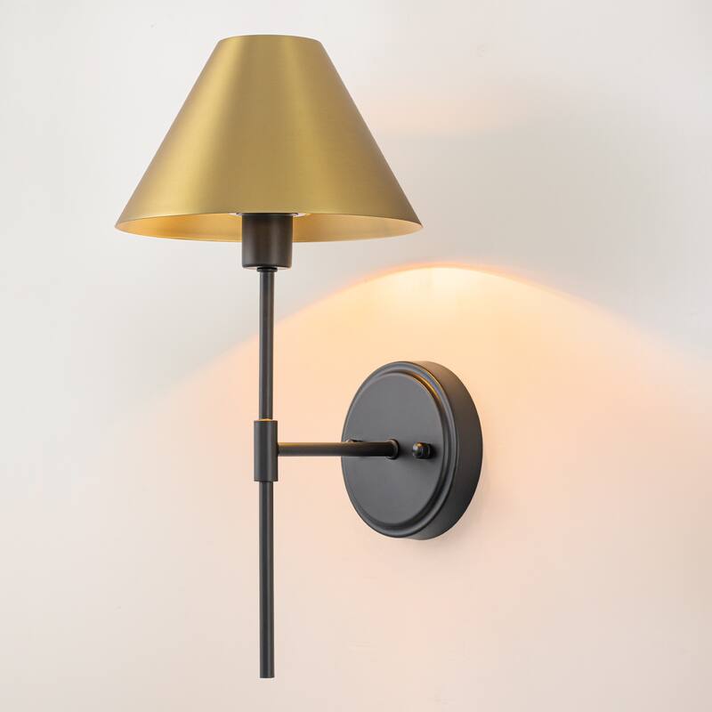 Modern 1-Light Wall Sconce with Cone Metal Shade for Bedroom, Hallway, Living Room - Black Gold - 7.9" W x 9.8" D x 16.1" H