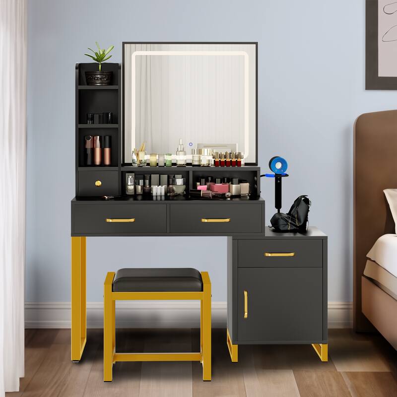 Moasis Vanity Table Set LED Mirror Makeup Desk with Wider Storage Dresser Bedroom - 37.4''L x 15.3''W x 53.9''H - Black