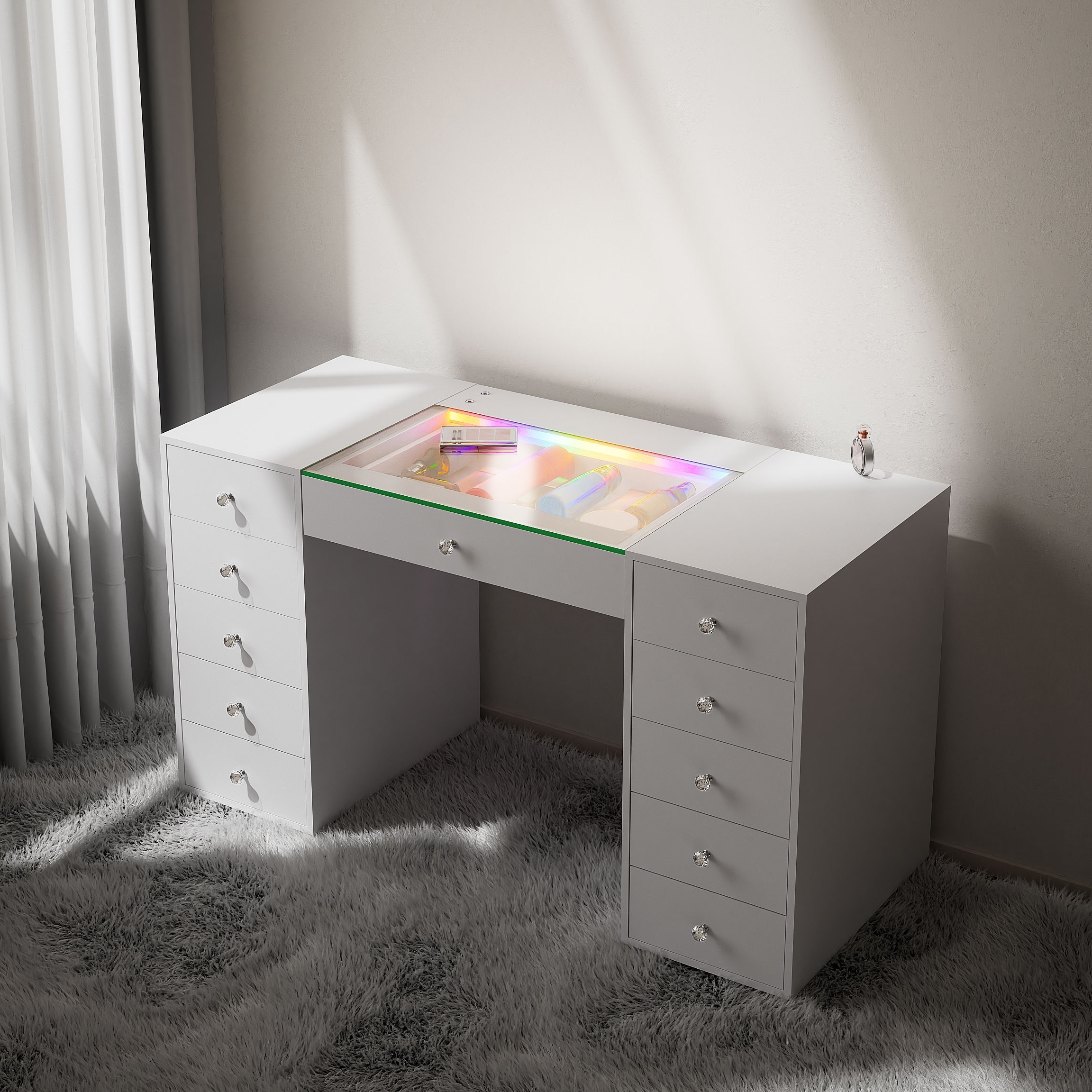 51.2" Vanity Desk for Bedroom, Glass Top Makeup Table with 11 Drawers, Modern 6 Lighting Color Adjustable Dressing Table