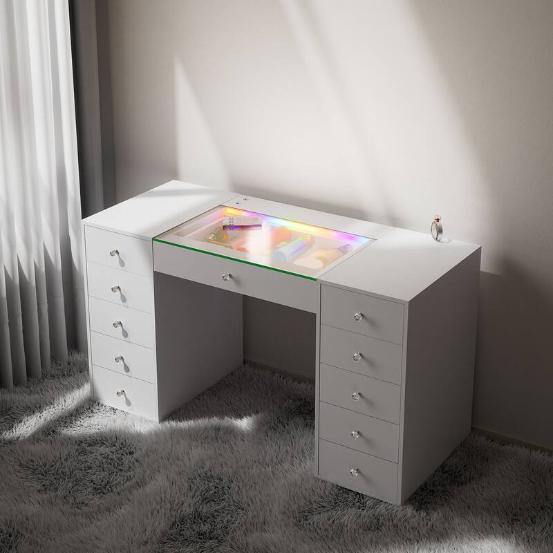 Bedroom Vanity Desk with RGB LED Light Strip, Glass Top Makeup Dressing Table with 11 Drawers