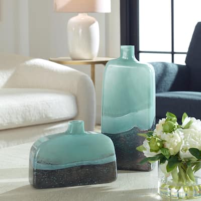 Two-Toned Glass Vases - 14" - Aqua and Black - Set of 2