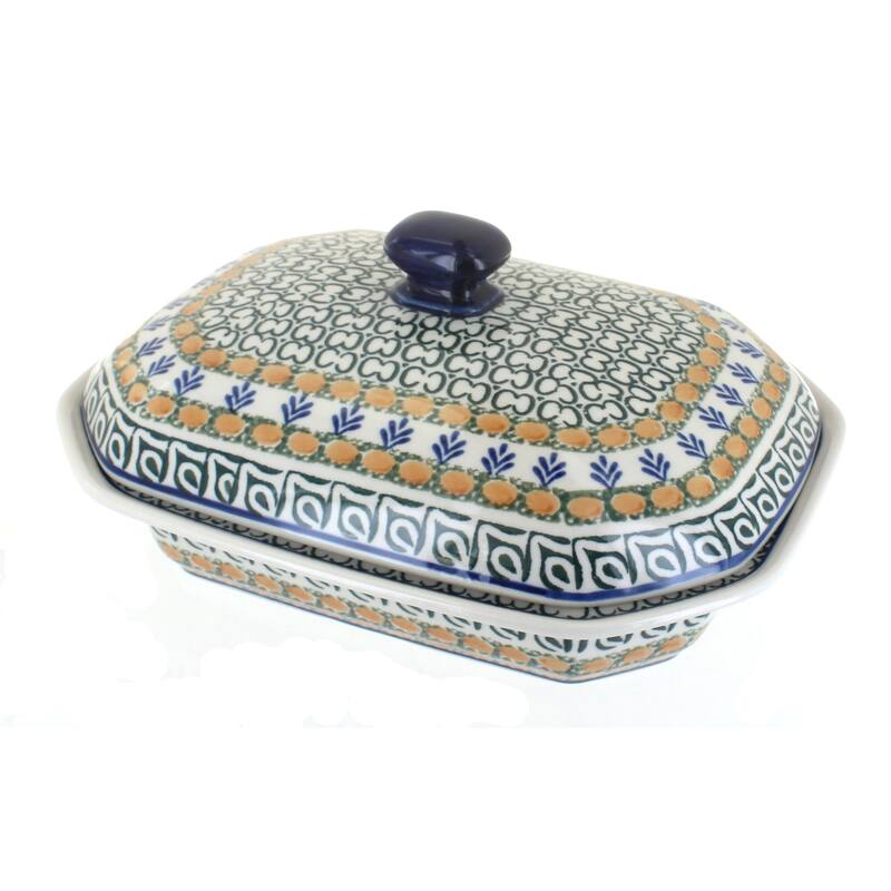 Blue Rose Polish Pottery 662 Ceramika Artystyczna Medium Covered Baker - Herb Garden